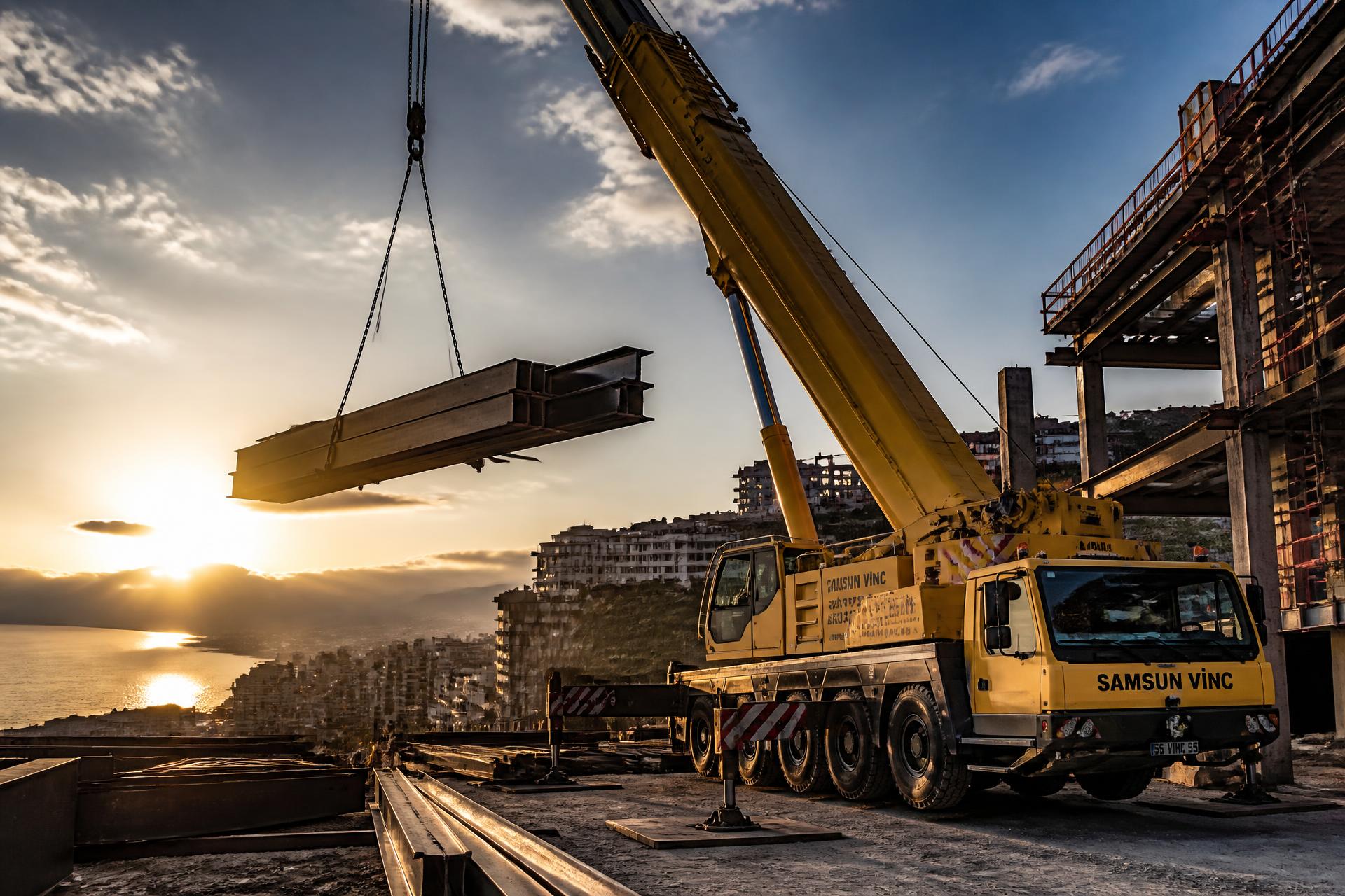 Samsun'da inşaat sahasında çelik kiriş kaldıran sarı mobil vinç